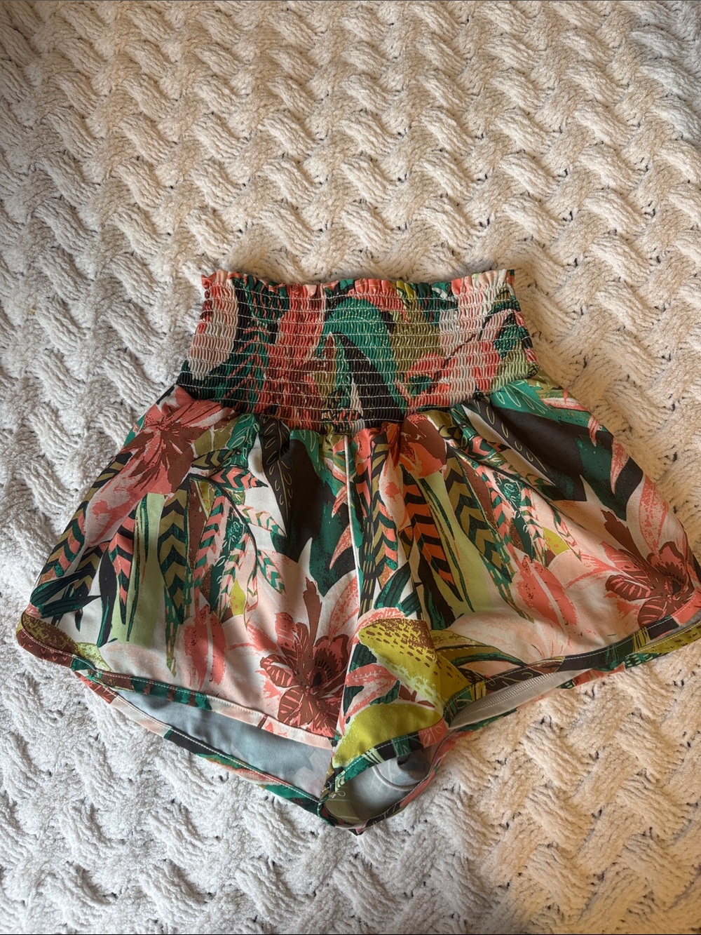 aerie offline Tropical High-Waist Smocked Shorts — Pink, Green & Yellow